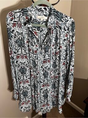 LOFT White Blouse with Teal & Black Floral Vine Print and Red Accents. 34” long.